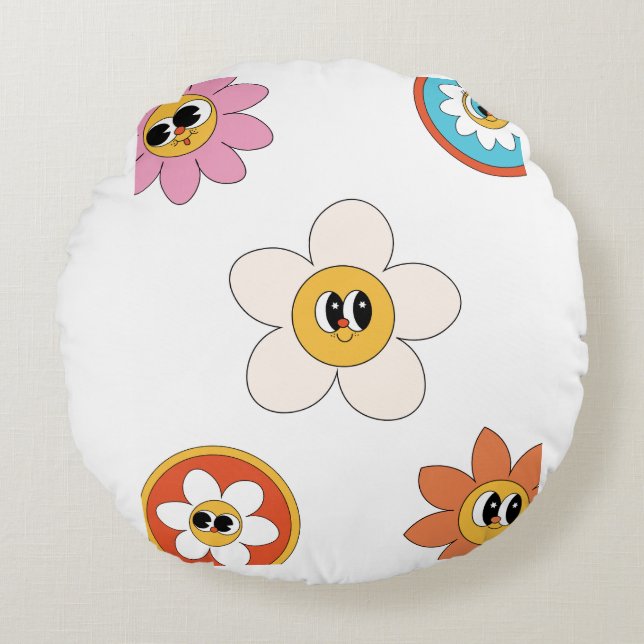 pink cream illustration retro flower pillow (Front)