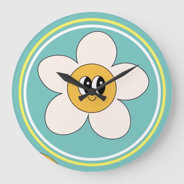 pink cream illustration retro flower wall clock. large clock (Front)