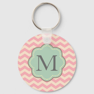 Pink Cream Mint Chevron Stripes Monogram Key Ring