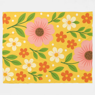 Pink, cream & Orange Flowers with Green Leaves Fleece Blanket
