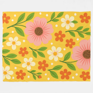 Pink, cream & Orange Flowers with Green Leaves Fleece Blanket