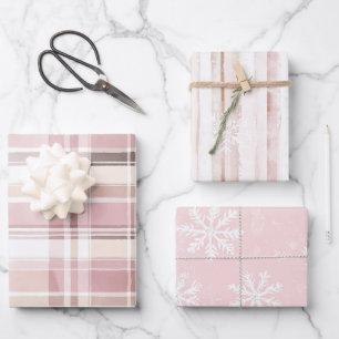 Pink Cream Plaid Stripes Snowflakes Christmas Wrapping Paper Sheet