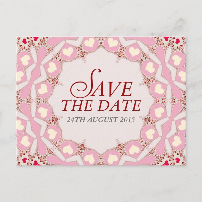 Pink Cream Red Hearts Save the Date Postcard (Front)