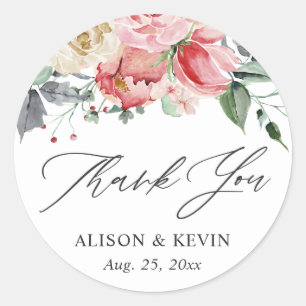 Pink Cream Rose Floral Thank You Sticker