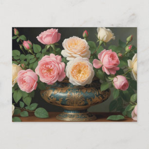 Pink, Cream Roses in Vintage Vase  Postcard