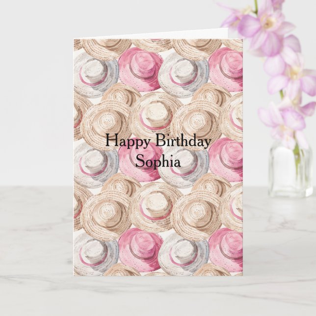 Pink Cream Straw Hats Birthday Card (Orchid)
