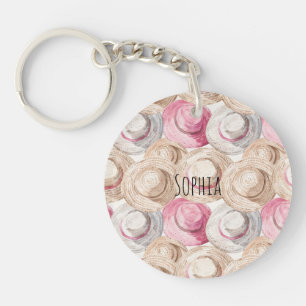Pink Cream Straw Hats  Key Ring