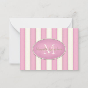 Pink & Cream Stripes Oval Framed Monogram Custom Card