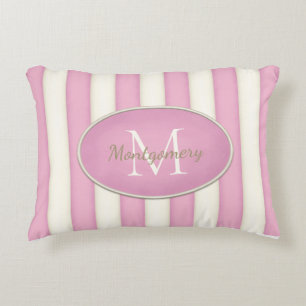Pink & Cream Stripes Oval Framed Monogram Decorative Cushion