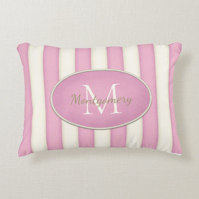 Pink & Cream Stripes Oval Framed Monogram Decorative Cushion (Front)