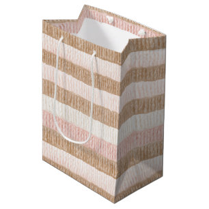 Pink Cream Tan Stripes Birthday Medium Gift Bag