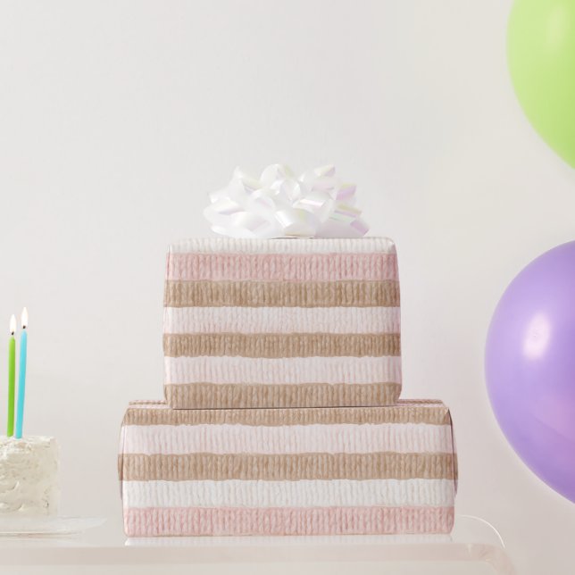 Pink Cream Tan Stripes Birthday Wrapping Paper (Party Gifts)
