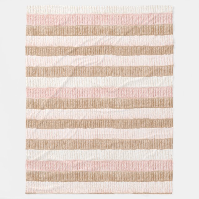Pink Cream Tan Stripes Fleece Blanket (Front)