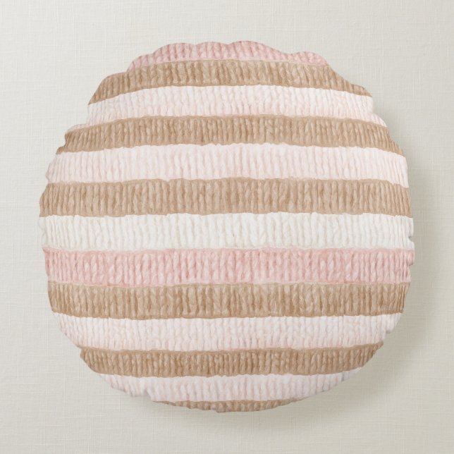 Pink Cream Tan Stripes Round Cushion (Front)