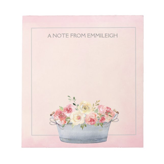 Pink Cream Watercolor Flowers Metal Tub Notepad (Front)