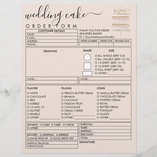 Pink Cream Wedding Birthday Bakery Cake Order Form Flyer (Front)