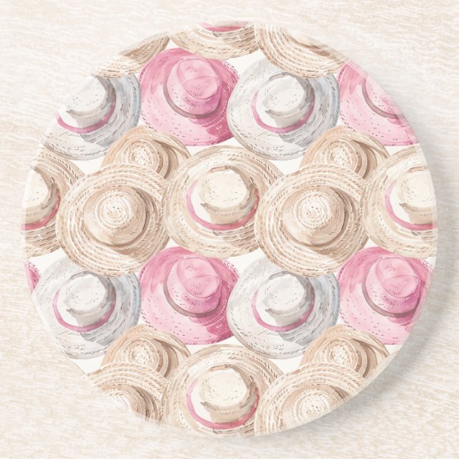 Pink Cream White Straw Hats Coaster (Front)