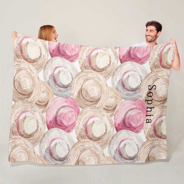 Pink Cream White Straw Hats Fleece Blanket (In Situ)