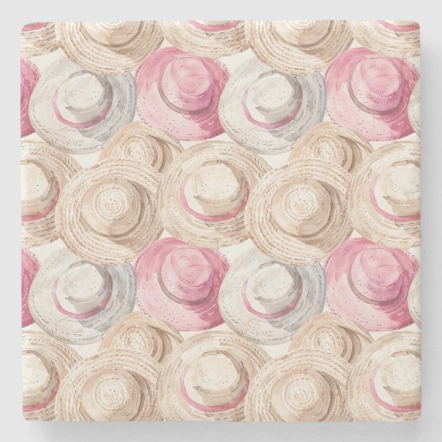 Pink Cream White Straw Hats Stone Coaster (Front)