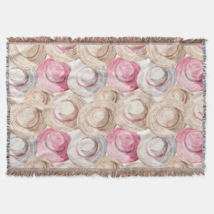 Pink Cream White Straw Hats Throw Blanket