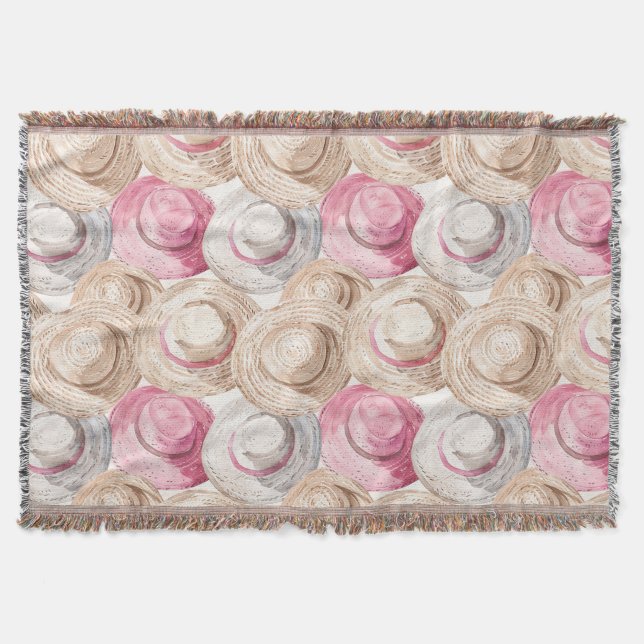 Pink Cream White Straw Hats Throw Blanket (Front)