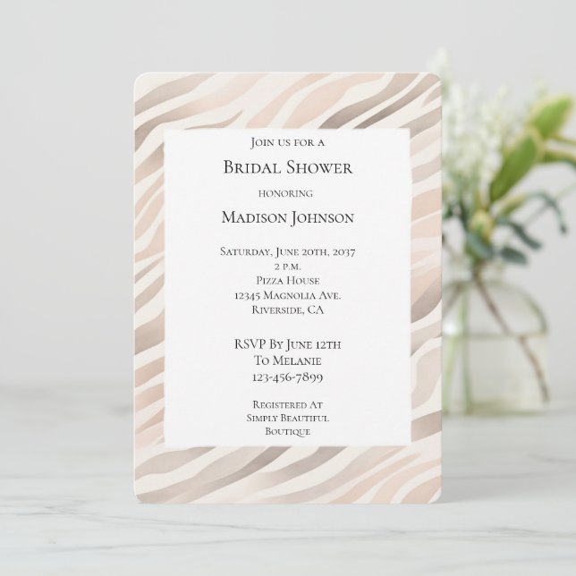 Pink Cream Zebra Animal Print Bridal Shower Invitation (Standing Front)
