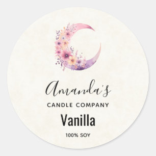 Pink Crescent Moon with Flowers Candle Business Classic Round Sticker
