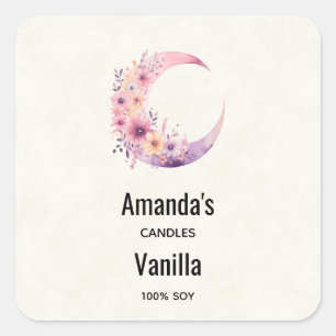Pink Crescent Moon with Flowers Candle Business Square Sticker