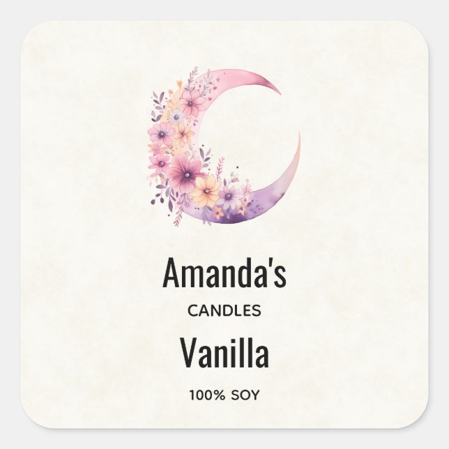 Pink Crescent Moon with Flowers Candle Business Square Sticker (Front)