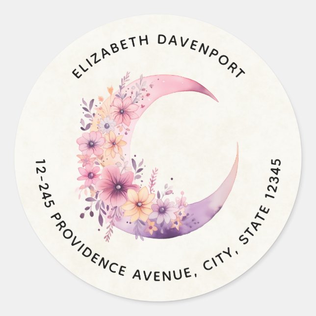 Pink Crescent Moon with Pretty Flowers Address Classic Round Sticker (Front)