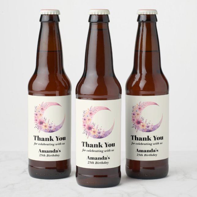 Pink Crescent Moon with Pretty Flowers Birthday Beer Bottle Label (Bottles)