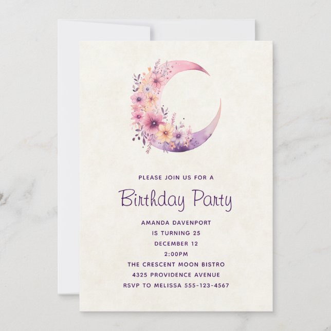 Pink Crescent Moon with Pretty Flowers Birthday Invitation (Front)
