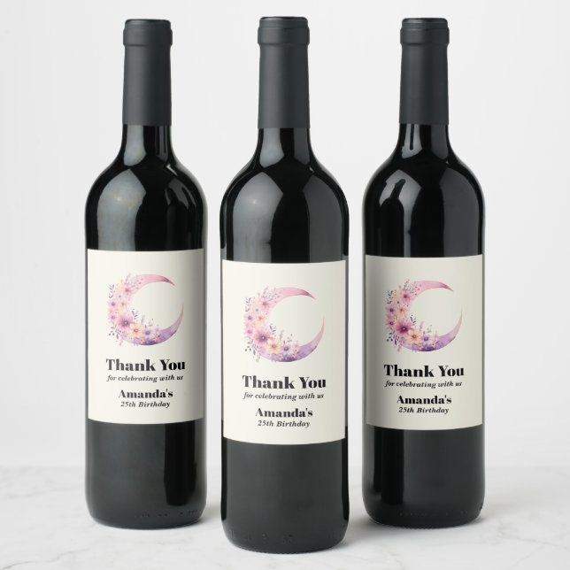 Pink Crescent Moon with Pretty Flowers Birthday Wine Label (Bottles)