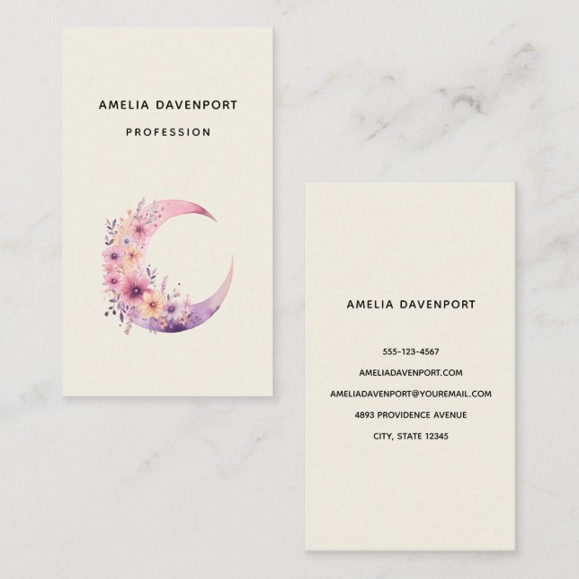 Pink Crescent Moon with Pretty Flowers Business Card (Front/Back)