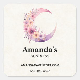 Pink Crescent Moon with Pretty Flowers Business Square Sticker