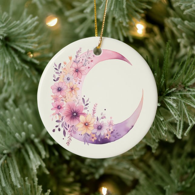 Pink Crescent Moon with Pretty Flowers Ceramic Tree Decoration (Tree)