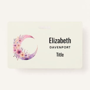 Pink Crescent Moon with Pretty Flowers ID Badge