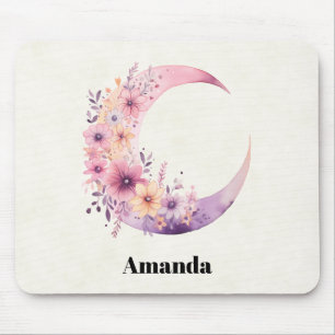 Pink Crescent Moon with Pretty Flowers Mouse Pad