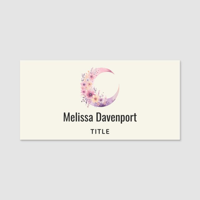 Pink Crescent Moon with Pretty Flowers Name Tag (Front)