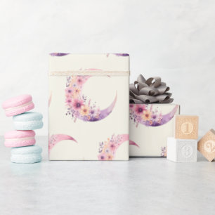 Pink Crescent Moon with Pretty Flowers Pattern Wrapping Paper