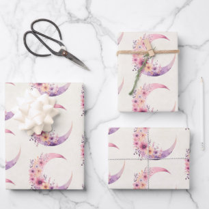 Pink Crescent Moon with Pretty Flowers Pattern Wrapping Paper Sheet