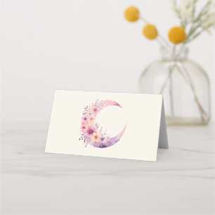 Pink Crescent Moon with Pretty Flowers Place Card