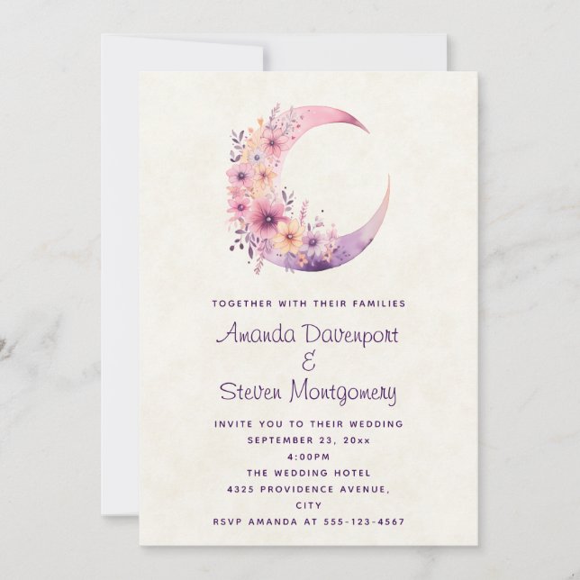 Pink Crescent Moon with Pretty Flowers Wedding Invitation (Front)