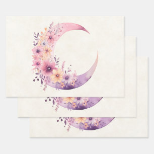 Pink Crescent Moon with Pretty Flowers Wrapping Paper Sheet