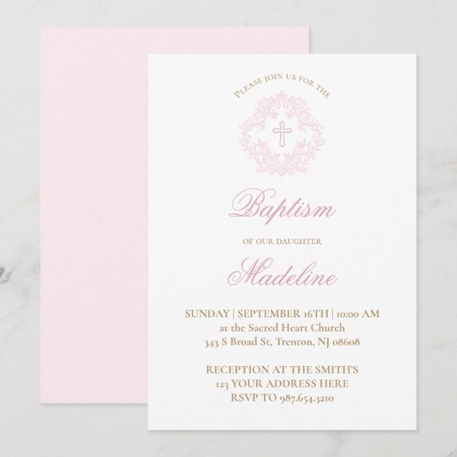 pink crest | Baptism Invitation (Front/Back)