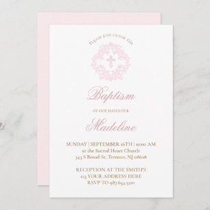 pink crest Baptism Invitation
