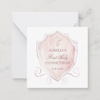Pink Crest First Communion Mini Thank You Card