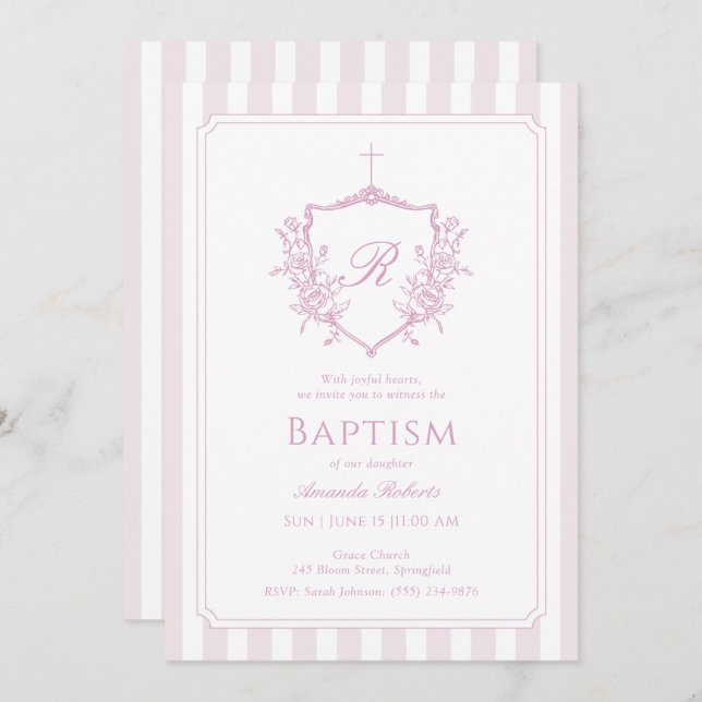 Pink Crest Monogram Baptism Invitation (Front/Back)