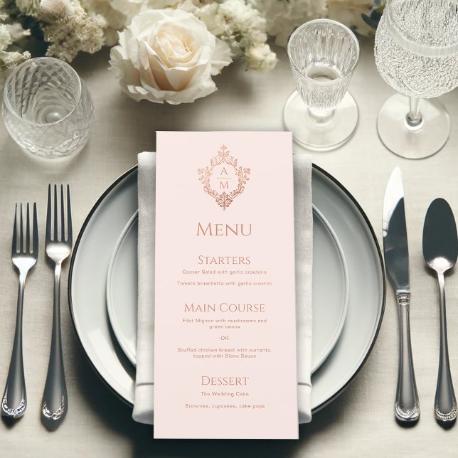 Pink Crest Rose Gold Vintage Wedding Monogram Menu (Creator Uploaded)