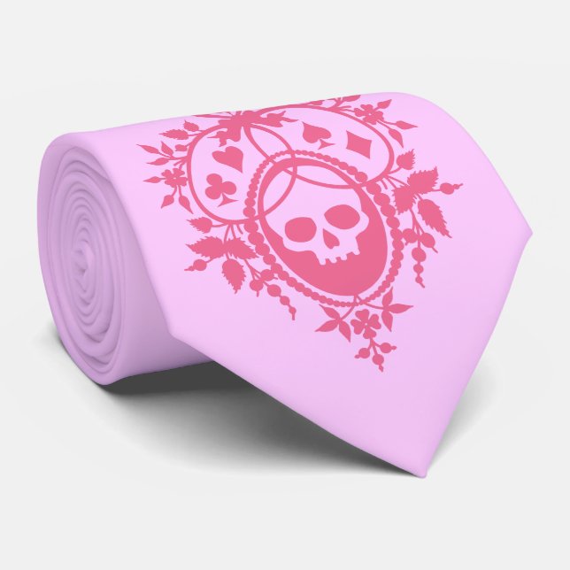 Pink Crest with Skull and Cardsuits Neck Tie (Rolled)